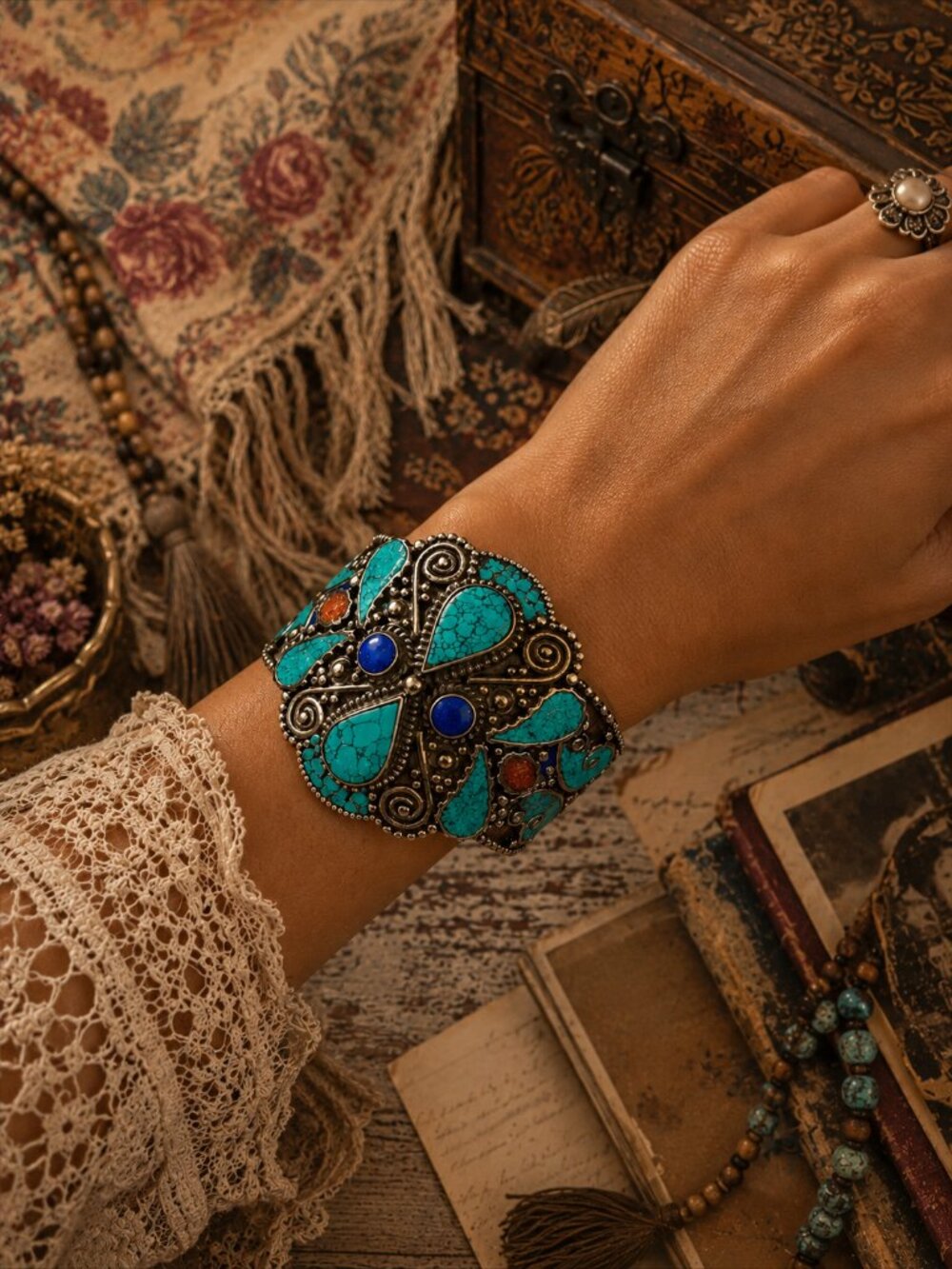 Turquoise & Lapis Statement Cuff Bracelet - Women Jewelry